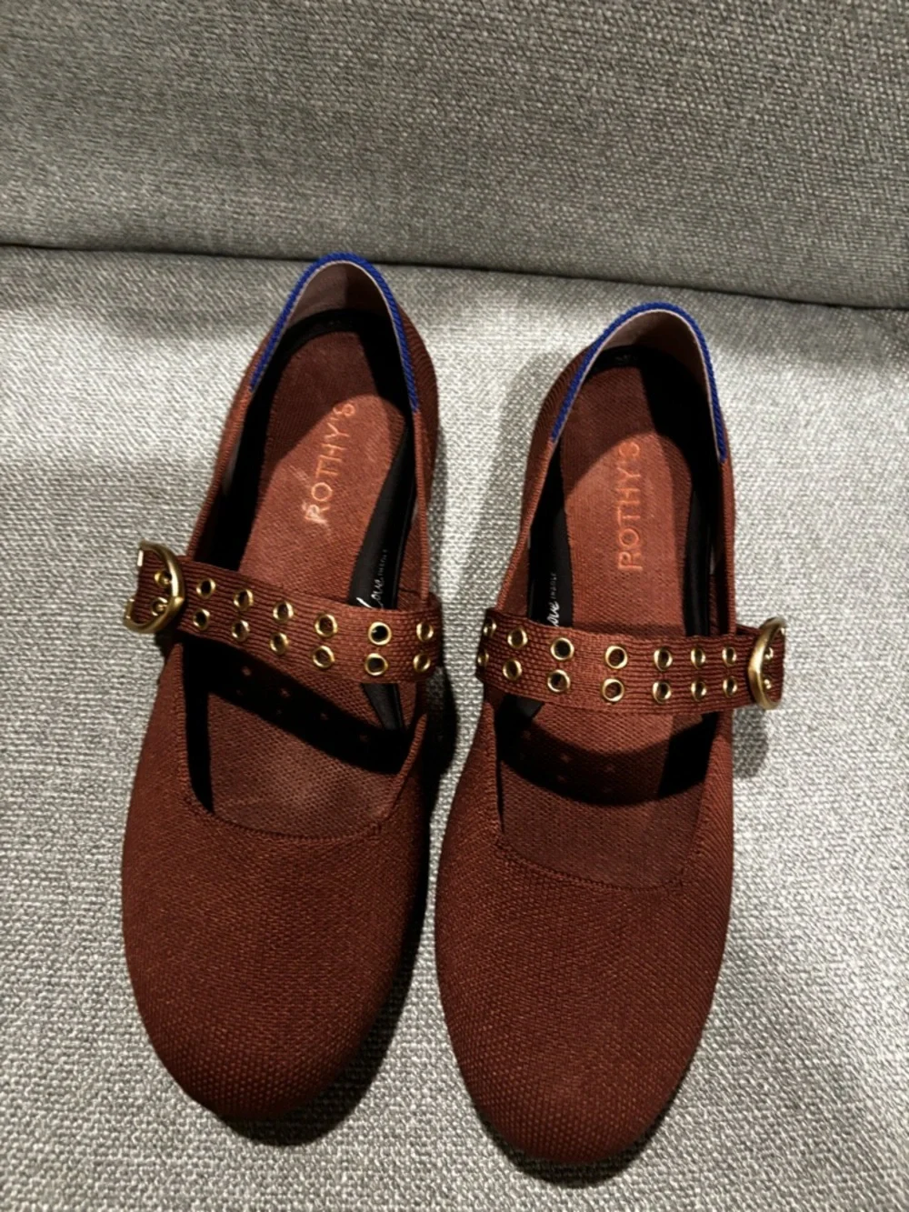 Rothy's Chestnut Brown Knit Mary Jane Flats with Gold Eyelets - Picture 1 of 7